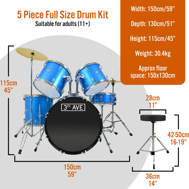 3rd Avenue Full Size Drum Kit - Shine Blue